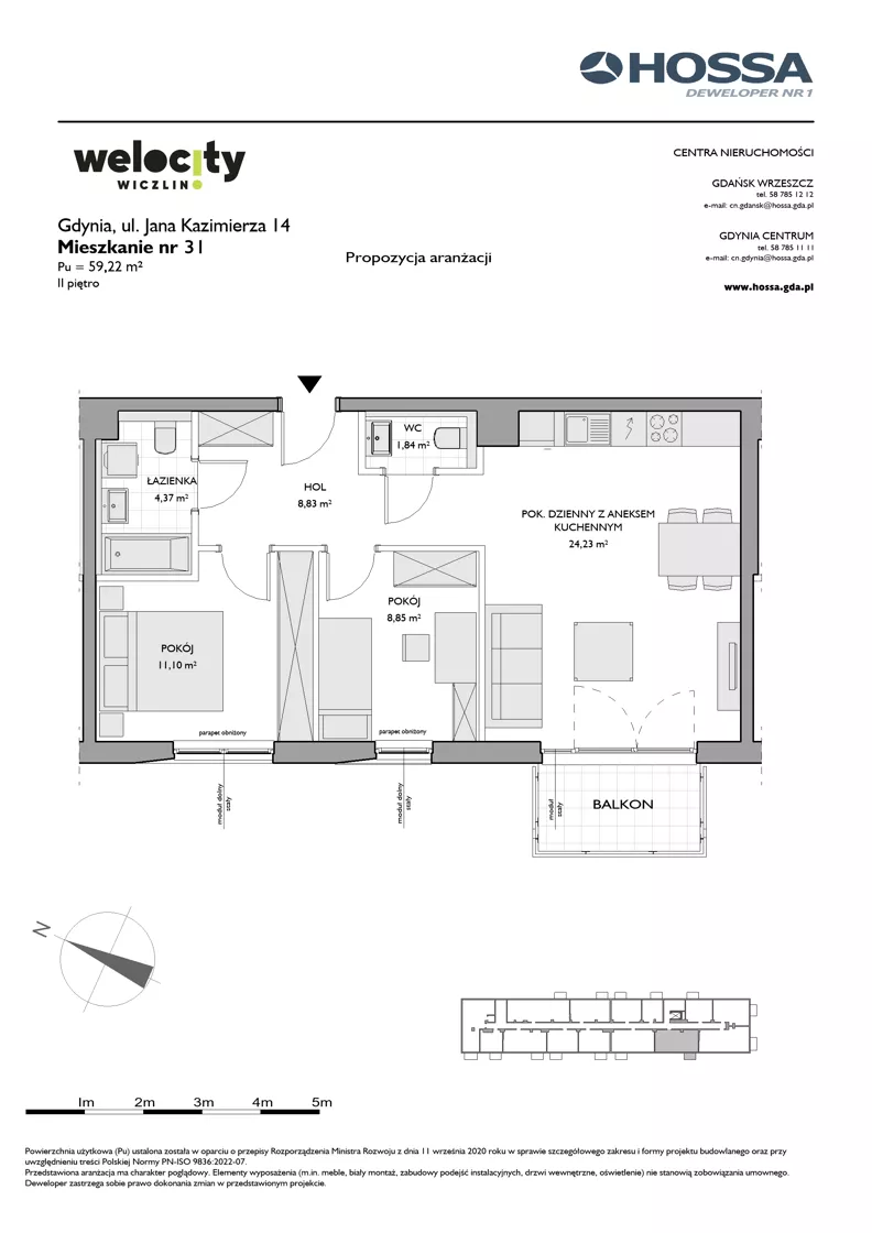 3 pokoje, mieszkanie 59,22 m², piętro 2, oferta nr WW/JK14/31, Welocity Wiczlino, Gdynia, Chwarzno-Wiczlino, ul. Jana Kazimierza
