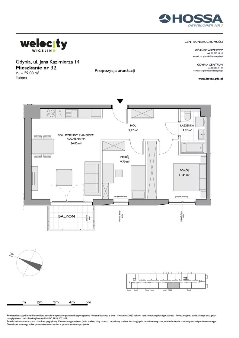 3 pokoje, mieszkanie 59,08 m², piętro 2, oferta nr WW/JK14/32, Welocity Wiczlino, Gdynia, Chwarzno-Wiczlino, ul. Jana Kazimierza
