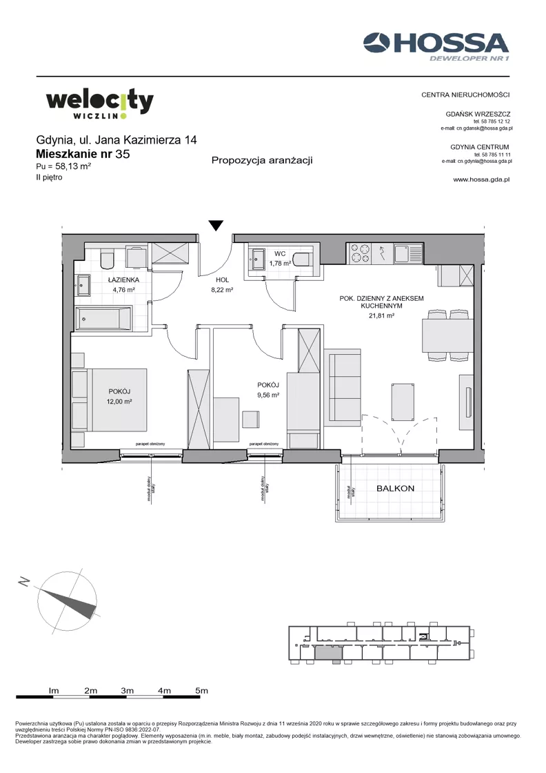 3 pokoje, mieszkanie 58,13 m², piętro 2, oferta nr WW/JK14/35, Welocity Wiczlino, Gdynia, Chwarzno-Wiczlino, ul. Jana Kazimierza