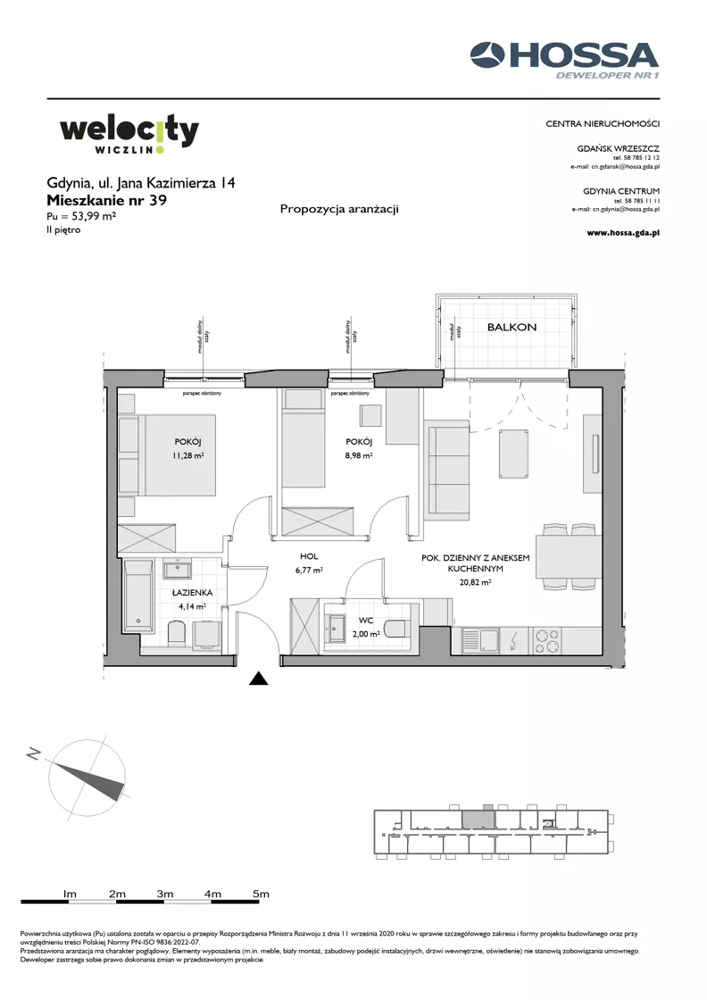 3 pokoje, mieszkanie 53,99 m², piętro 2, oferta nr WW/JK14/39, Welocity Wiczlino, Gdynia, Chwarzno-Wiczlino, ul. Jana Kazimierza