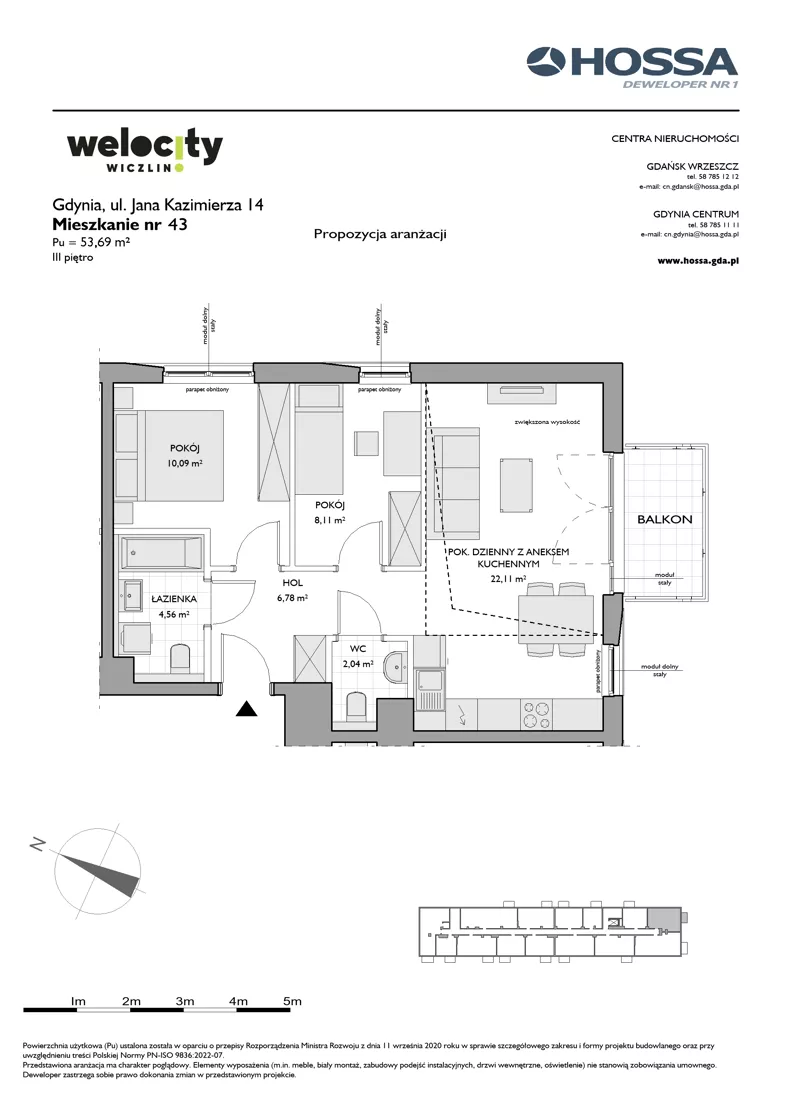3 pokoje, mieszkanie 53,69 m², piętro 3, oferta nr WW/JK14/43, Welocity Wiczlino, Gdynia, Chwarzno-Wiczlino, ul. Jana Kazimierza