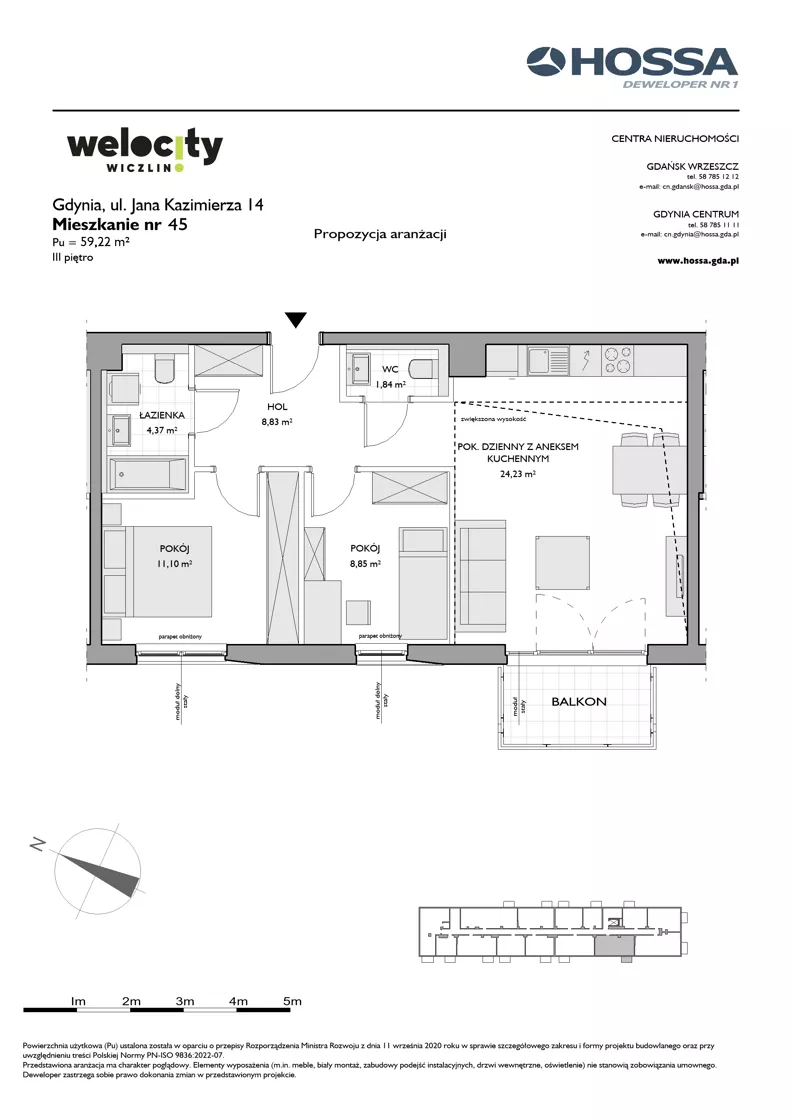 3 pokoje, mieszkanie 59,22 m², piętro 3, oferta nr WW/JK14/45, Welocity Wiczlino, Gdynia, Chwarzno-Wiczlino, ul. Jana Kazimierza