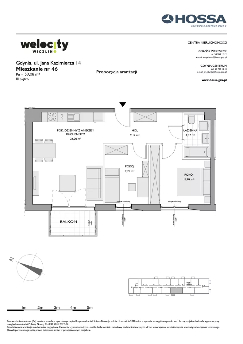 3 pokoje, mieszkanie 59,08 m², piętro 3, oferta nr WW/JK14/46, Welocity Wiczlino, Gdynia, Chwarzno-Wiczlino, ul. Jana Kazimierza