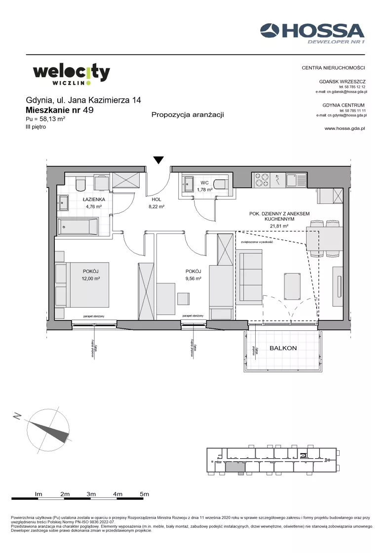3 pokoje, mieszkanie 58,13 m², piętro 3, oferta nr WW/JK14/49, Welocity Wiczlino, Gdynia, Chwarzno-Wiczlino, ul. Jana Kazimierza