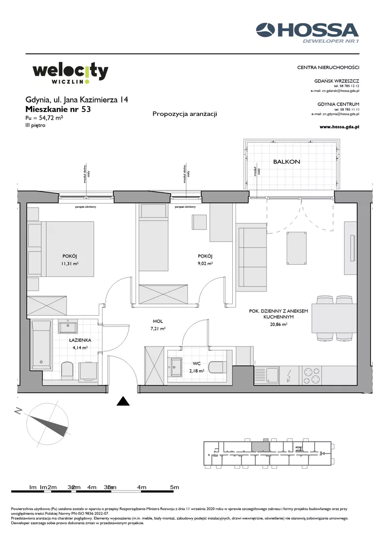 3 pokoje, mieszkanie 54,72 m², piętro 3, oferta nr WW/JK14/53, Welocity Wiczlino, Gdynia, Chwarzno-Wiczlino, ul. Jana Kazimierza