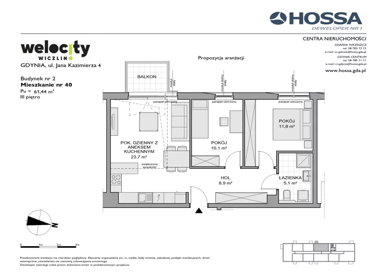3 pokoje, mieszkanie 61,44 m², piętro 3, oferta nr WW/B2/40, Welocity Wiczlino, Gdynia, Chwarzno-Wiczlino, ul. Jana Kazimierza
