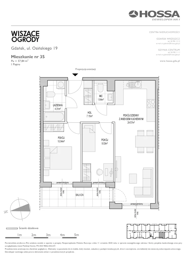 3 pokoje, mieszkanie 57,84 m², piętro 1, oferta nr WO/O19/35, Wiszące Ogrody, Gdańsk, Jasień, Kiełpinek, ul. Przytulna
