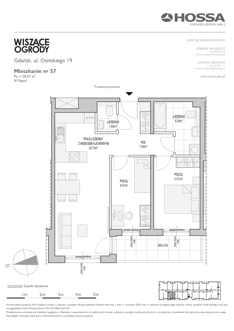3 pokoje, mieszkanie 58,57 m², piętro 3, oferta nr WO/O19/57, Wiszące Ogrody, Gdańsk, Jasień, Kiełpinek, ul. Przytulna