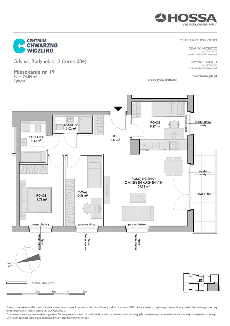 4 pokoje, mieszkanie 74,84 m², piętro 2, oferta nr CCW/B2/19, Centrum Chwarzno - Wiczlino, Gdynia, Chwarzno-Wiczlino, ul. Fregatowa