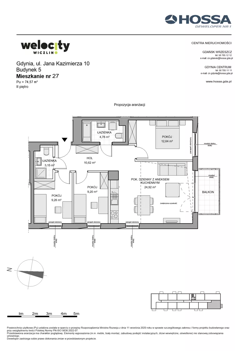4 pokoje, mieszkanie 74,57 m², piętro 2, oferta nr WW/B5/27, Welocity Wiczlino, Gdynia, Chwarzno-Wiczlino, ul. Jana Kazimierza