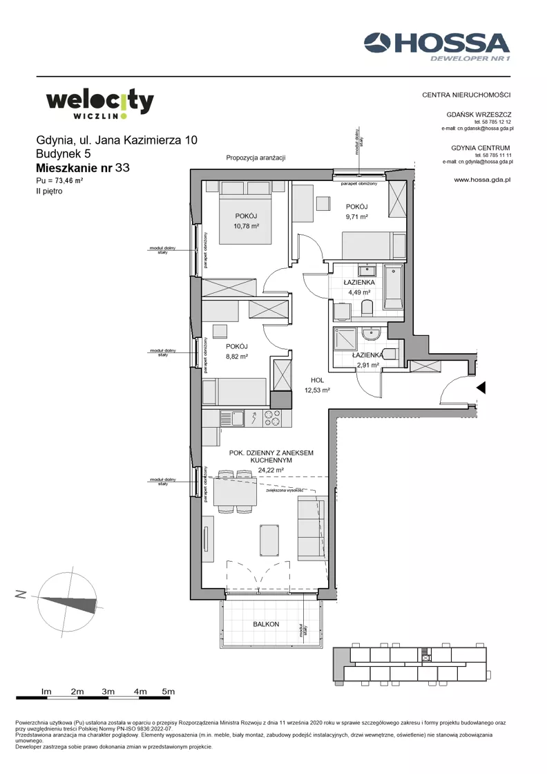 4 pokoje, mieszkanie 73,46 m², piętro 2, oferta nr WW/B5/33, Welocity Wiczlino, Gdynia, Chwarzno-Wiczlino, ul. Jana Kazimierza