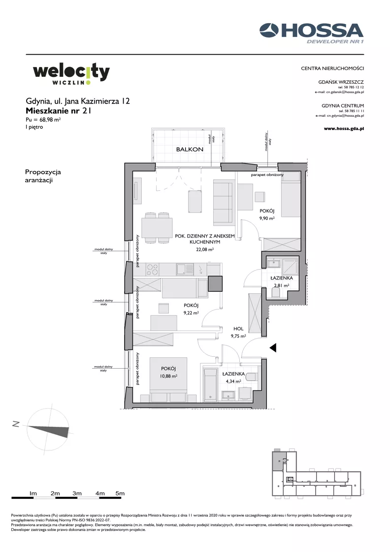4 pokoje, mieszkanie 68,98 m², piętro 1, oferta nr WW/JK12/21, Welocity Wiczlino, Gdynia, Chwarzno-Wiczlino, ul. Jana Kazimierza