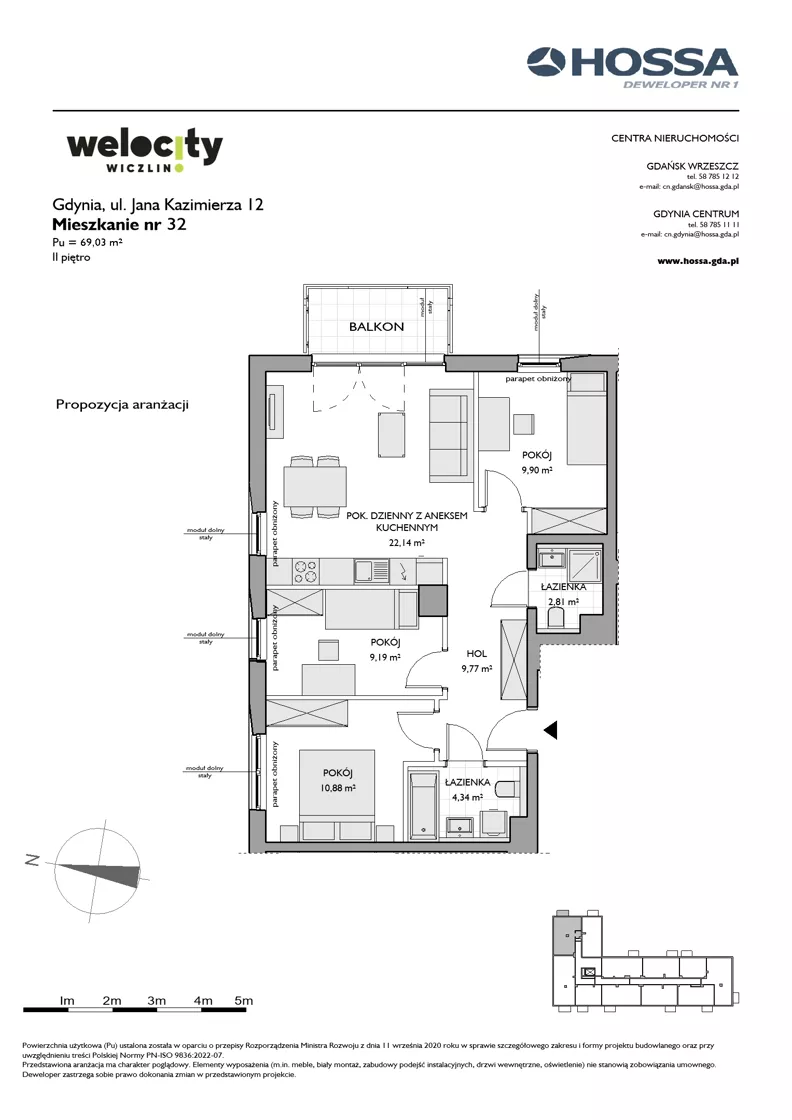 4 pokoje, mieszkanie 69,03 m², piętro 2, oferta nr WW/JK12/32, Welocity Wiczlino, Gdynia, Chwarzno-Wiczlino, ul. Jana Kazimierza