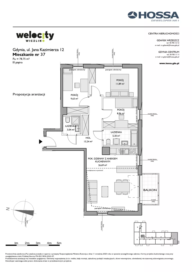 4 pokoje, mieszkanie 78,75 m², piętro 3, oferta nr WW/JK12/37, Welocity Wiczlino, Gdynia, Chwarzno-Wiczlino, ul. Jana Kazimierza