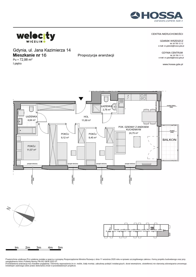 4 pokoje, mieszkanie 72,98 m², piętro 1, oferta nr WW/JK14/16, Welocity Wiczlino, Gdynia, Chwarzno-Wiczlino, ul. Jana Kazimierza