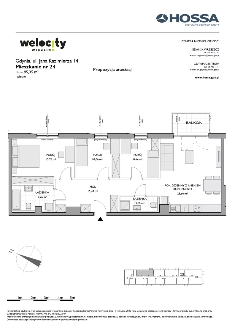 4 pokoje, mieszkanie 85,35 m², piętro 1, oferta nr WW/JK14/24, Welocity Wiczlino, Gdynia, Chwarzno-Wiczlino, ul. Jana Kazimierza