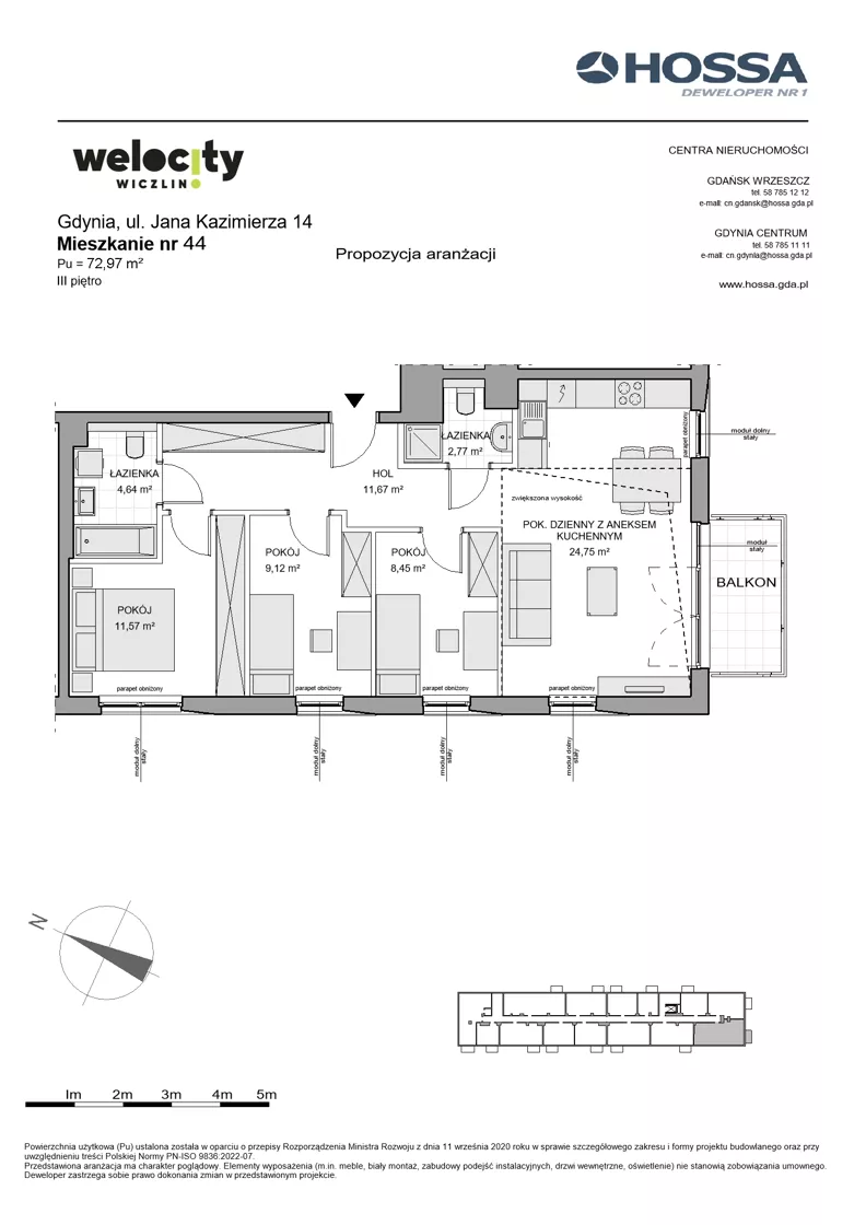 4 pokoje, mieszkanie 72,97 m², piętro 3, oferta nr WW/JK14/44, Welocity Wiczlino, Gdynia, Chwarzno-Wiczlino, ul. Jana Kazimierza