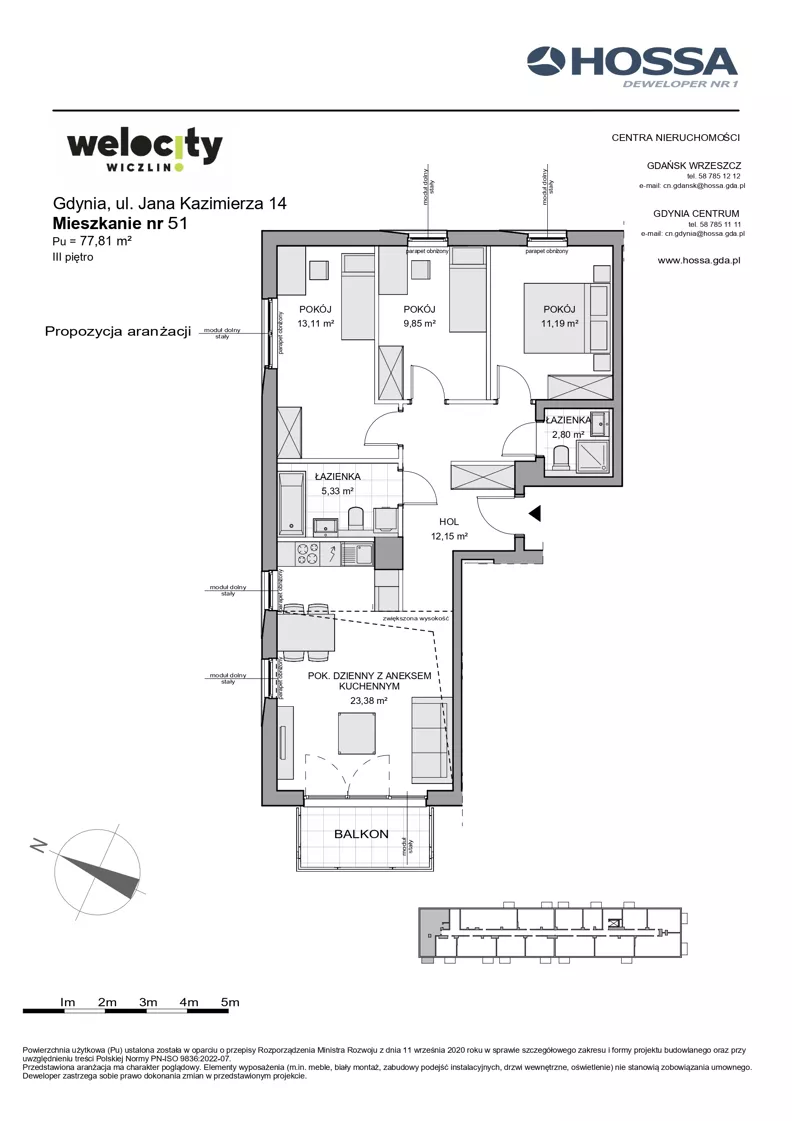 4 pokoje, mieszkanie 77,81 m², piętro 3, oferta nr WW/JK14/51, Welocity Wiczlino, Gdynia, Chwarzno-Wiczlino, ul. Jana Kazimierza