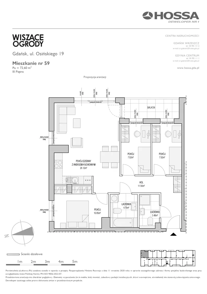 4 pokoje, mieszkanie 72,60 m², piętro 3, oferta nr WO/O19/59, Wiszące Ogrody, Gdańsk, Jasień, Kiełpinek, ul. Przytulna