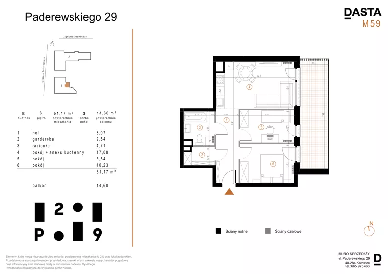 3 pokoje, apartament 51,17 m², piętro 6, oferta nr B.M59, Paderewskiego 29, Katowice, Osiedle Paderewskiego-Muchowiec, Dolina Trzech Stawów, ul. Ignacego Paderewskiego 29