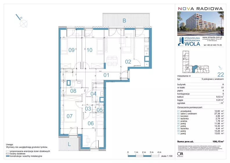 5 pokoi, mieszkanie 106,15 m², piętro 4, oferta nr A22, NOVA RADIOWA, Warszawa, Bemowo, Bemowo-Lotnisko, ul. Wrocławska róg Radiowej