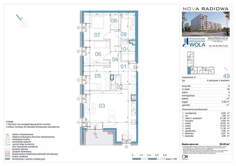4 pokoje, mieszkanie 93,53 m², piętro 4, oferta nr A49, NOVA RADIOWA, Warszawa, Bemowo, Bemowo-Lotnisko, ul. Wrocławska róg Radiowej