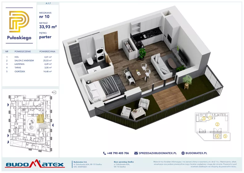 1 pokój, mieszkanie 33,93 m², parter, oferta nr A107, Pułaskiego, Siedlce, ul. Pułaskiego