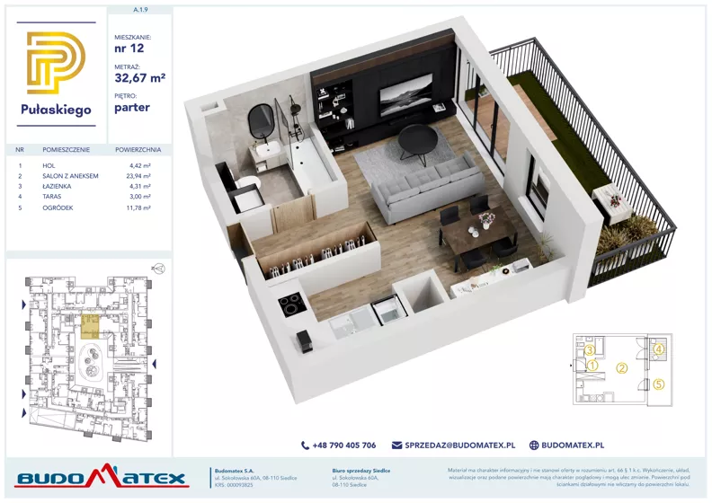 1 pokój, mieszkanie 32,67 m², parter, oferta nr A109, Pułaskiego, Siedlce, ul. Pułaskiego