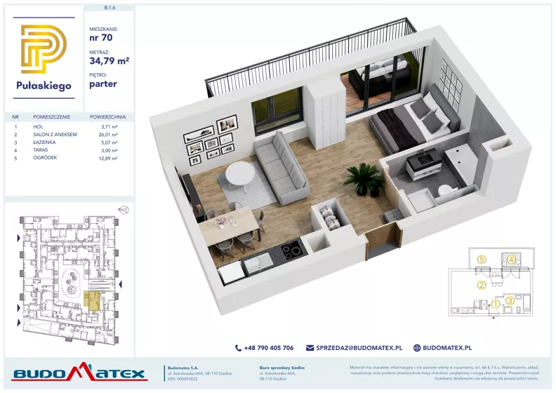 1 pokój, mieszkanie 34,79 m², parter, oferta nr B106, Pułaskiego, Siedlce, ul. Pułaskiego