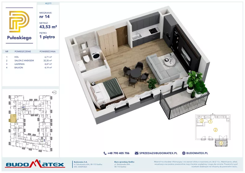 1 pokój, mieszkanie 43,53 m², piętro 1, oferta nr A211, Pułaskiego, Siedlce, ul. Pułaskiego