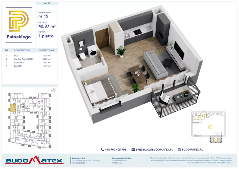 1 pokój, mieszkanie 42,87 m², piętro 1, oferta nr A212, Pułaskiego, Siedlce, ul. Pułaskiego