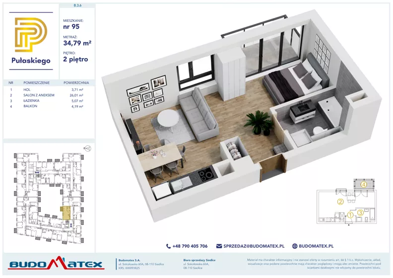 1 pokój, mieszkanie 34,79 m², piętro 2, oferta nr B306, Pułaskiego, Siedlce, ul. Pułaskiego