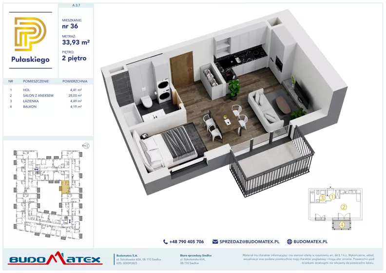 1 pokój, mieszkanie 33,93 m², piętro 2, oferta nr A307, Pułaskiego, Siedlce, ul. Pułaskiego
