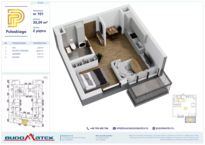 1 pokój, mieszkanie 35,09 m², piętro 2, oferta nr B312, Pułaskiego, Siedlce, ul. Pułaskiego