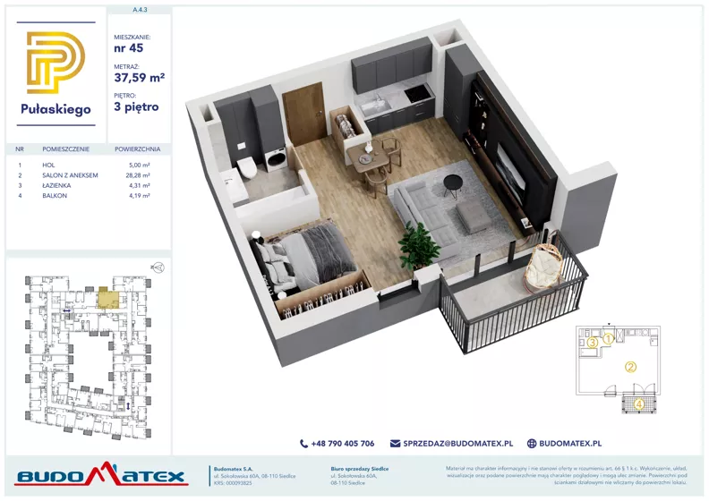 1 pokój, mieszkanie 37,59 m², piętro 3, oferta nr A403, Pułaskiego, Siedlce, ul. Pułaskiego