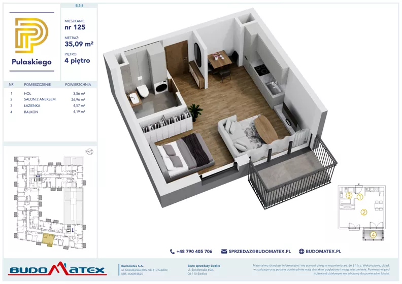 1 pokój, mieszkanie 35,09 m², piętro 4, oferta nr B508, Pułaskiego, Siedlce, ul. Pułaskiego