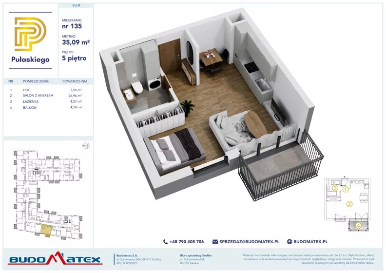 1 pokój, mieszkanie 35,09 m², piętro 5, oferta nr B608, Pułaskiego, Siedlce, ul. Pułaskiego