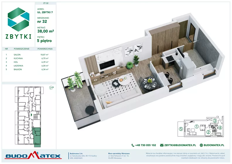 1 pokój, mieszkanie 38,00 m², piętro 5, oferta nr Z7.32, Osiedle Zbytki II, Warszawa, Białołęka, Nowodwory, ul. Zbytki 7