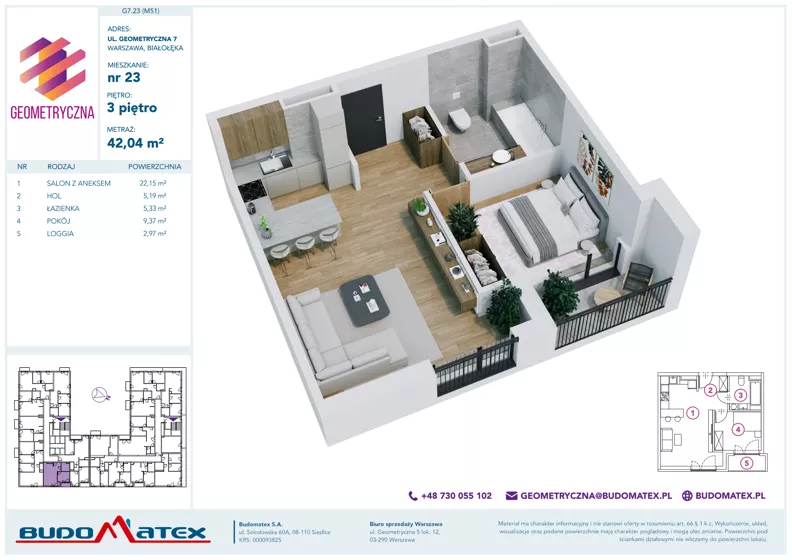 2 pokoje, mieszkanie 42,04 m², piętro 3, oferta nr G7.23, Geometryczna 7, Warszawa, Białołęka, Grodzisk, ul. Geometryczna 7