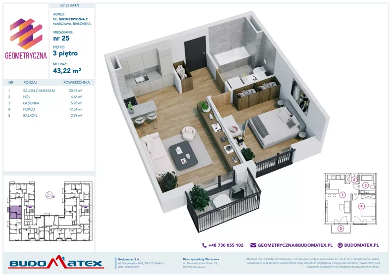 2 pokoje, mieszkanie 43,22 m², piętro 3, oferta nr G7.25, Geometryczna 7, Warszawa, Białołęka, Grodzisk, ul. Geometryczna 7