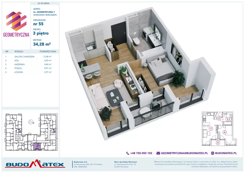 2 pokoje, mieszkanie 34,28 m², piętro 3, oferta nr G7.55, Geometryczna 7, Warszawa, Białołęka, Grodzisk, ul. Geometryczna 7