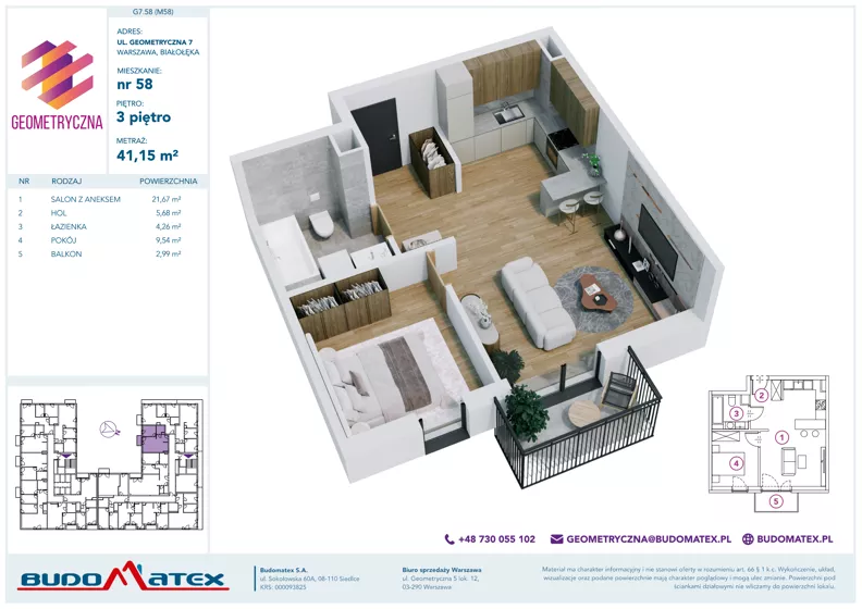 2 pokoje, mieszkanie 41,15 m², piętro 3, oferta nr G7.58, Geometryczna 7, Warszawa, Białołęka, Grodzisk, ul. Geometryczna 7