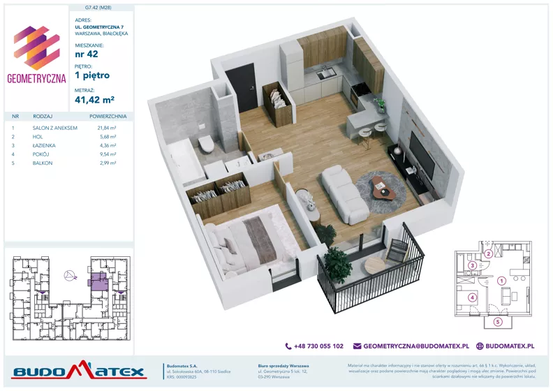 2 pokoje, mieszkanie 41,42 m², piętro 1, oferta nr G7.42, Geometryczna 7, Warszawa, Białołęka, Grodzisk, ul. Geometryczna 7