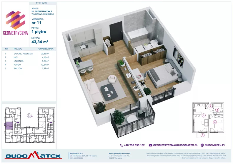 2 pokoje, mieszkanie 43,34 m², piętro 1, oferta nr G7.11, Geometryczna 7, Warszawa, Białołęka, Grodzisk, ul. Geometryczna 7