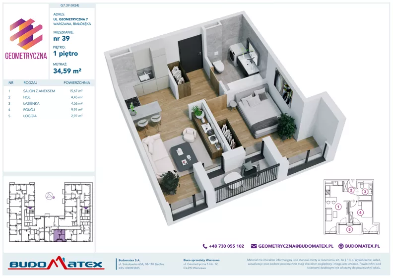 2 pokoje, mieszkanie 34,59 m², piętro 1, oferta nr G7.39, Geometryczna 7, Warszawa, Białołęka, Grodzisk, ul. Geometryczna 7