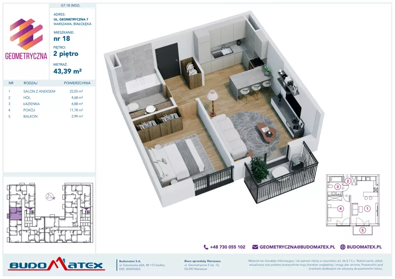 2 pokoje, mieszkanie 43,39 m², piętro 2, oferta nr G7.18, Geometryczna 7, Warszawa, Białołęka, Grodzisk, ul. Geometryczna 7