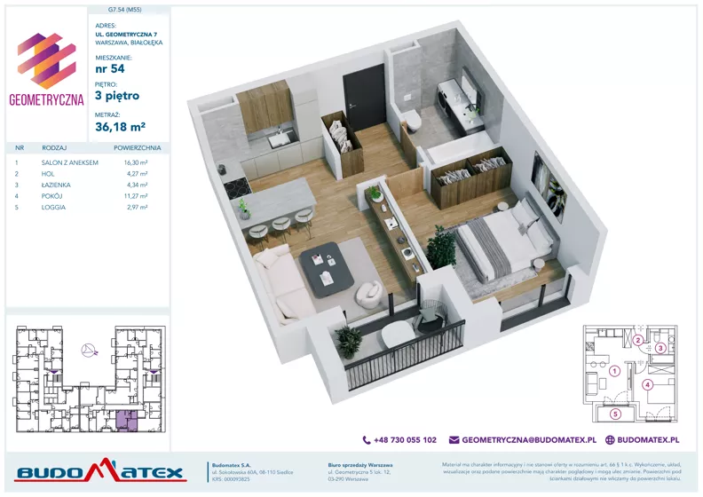 2 pokoje, mieszkanie 36,18 m², piętro 3, oferta nr G7.54, Geometryczna 7, Warszawa, Białołęka, Grodzisk, ul. Geometryczna 7