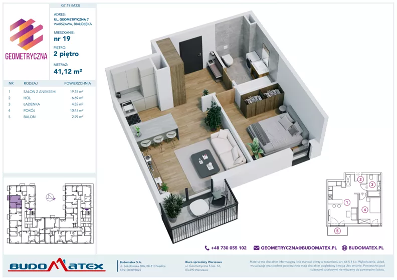 2 pokoje, mieszkanie 41,12 m², piętro 2, oferta nr G7.19, Geometryczna 7, Warszawa, Białołęka, Grodzisk, ul. Geometryczna 7