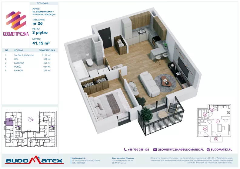 2 pokoje, mieszkanie 41,15 m², piętro 3, oferta nr G7.26, Geometryczna 7, Warszawa, Białołęka, Grodzisk, ul. Geometryczna 7