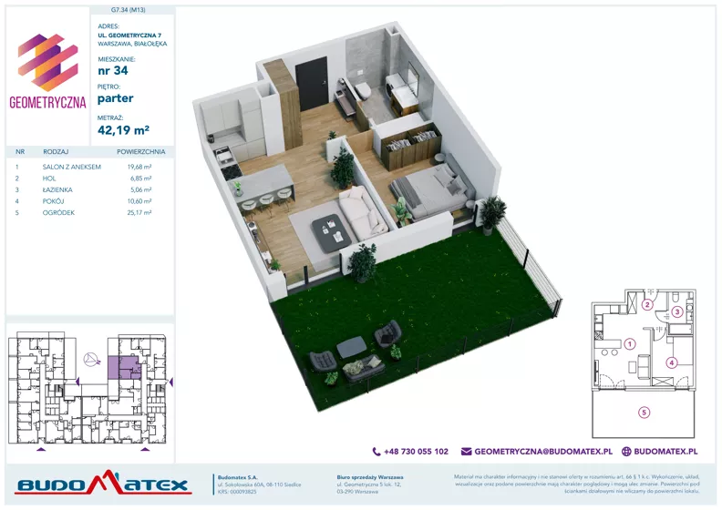 2 pokoje, mieszkanie 42,19 m², parter, oferta nr G7.34, Geometryczna 7, Warszawa, Białołęka, Grodzisk, ul. Geometryczna 7